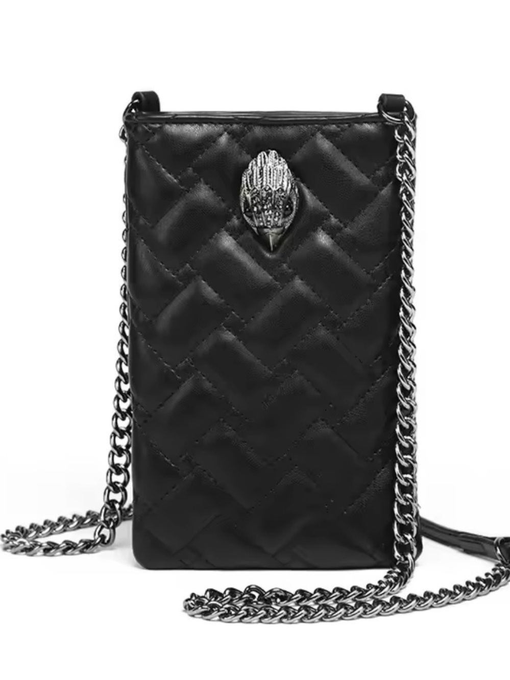 Black Quilted Crossbody Phone Pouch with Silver Chain